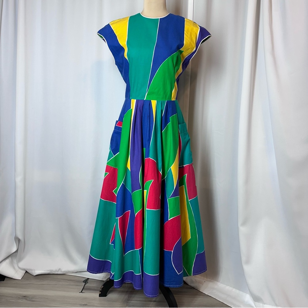 1980s Howard Wolf Malcolm Starr Color block Midi Dress XS Pockets Keyhole Back‎